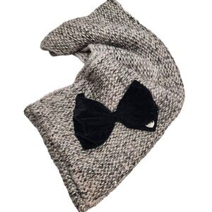Betsey Johnson Infinity Scarf Gray Knit Black Velvet Bow Silver Charm Soft Comfy